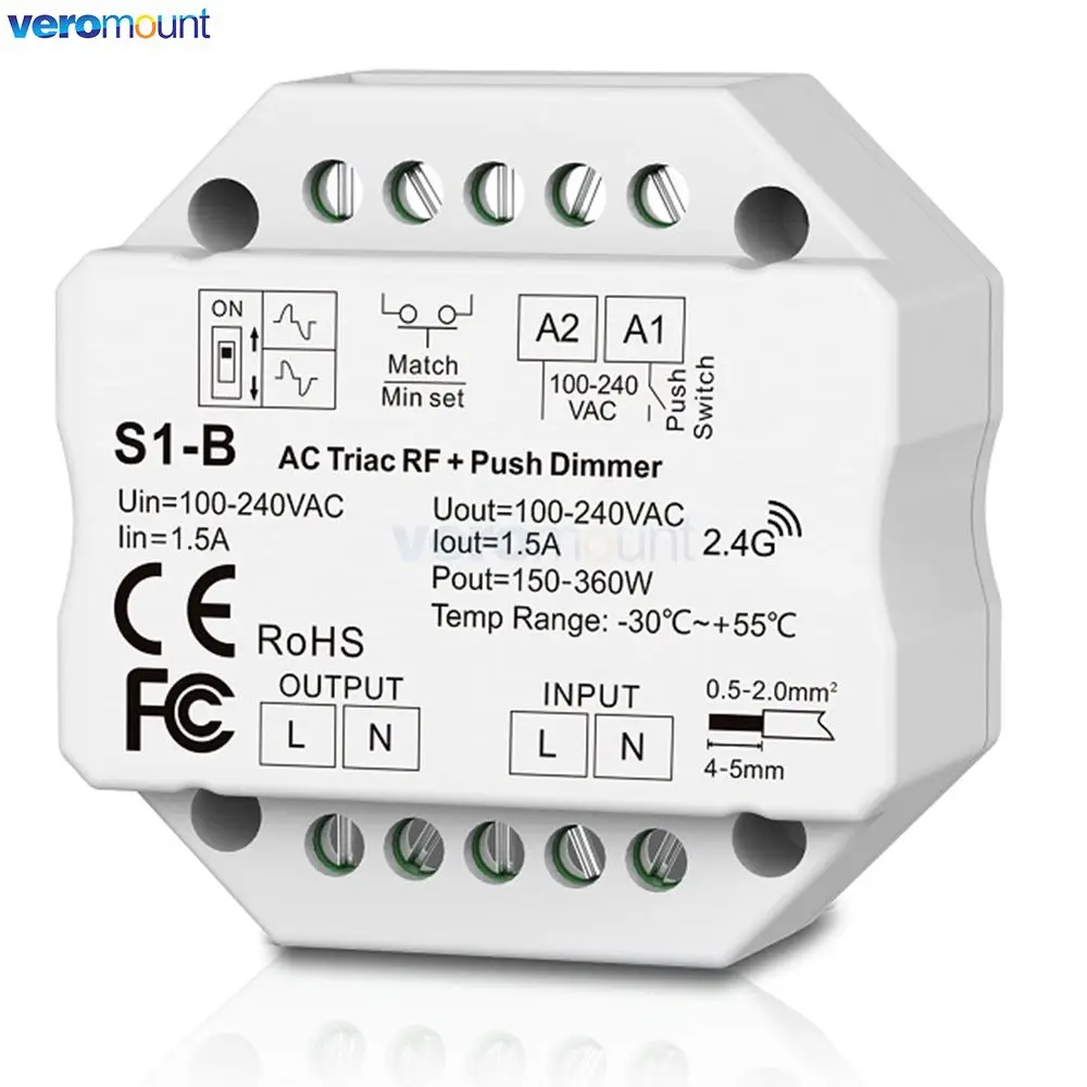 Skydance S1-B LED Dimmer 110V 220V AC Triac Dimmer Wireless RF Dimmable Push Switch with 2.4G Remote Dimmer for LED Lamp Bulb