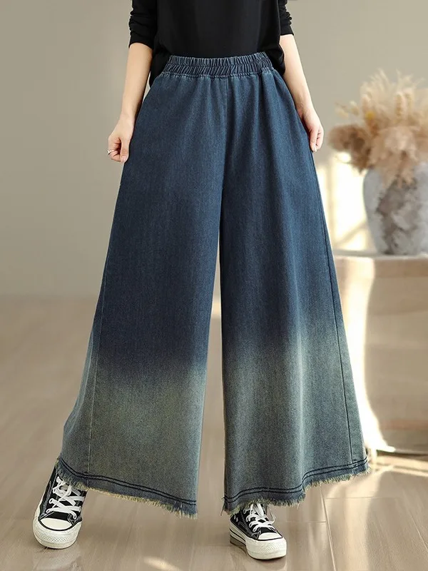 بنطال جينز Waed Adual Color Frayed Design واسع الساق بخصر عالٍ من مزيج القطن والبوليستر للنساء بمقاسات كبيرة