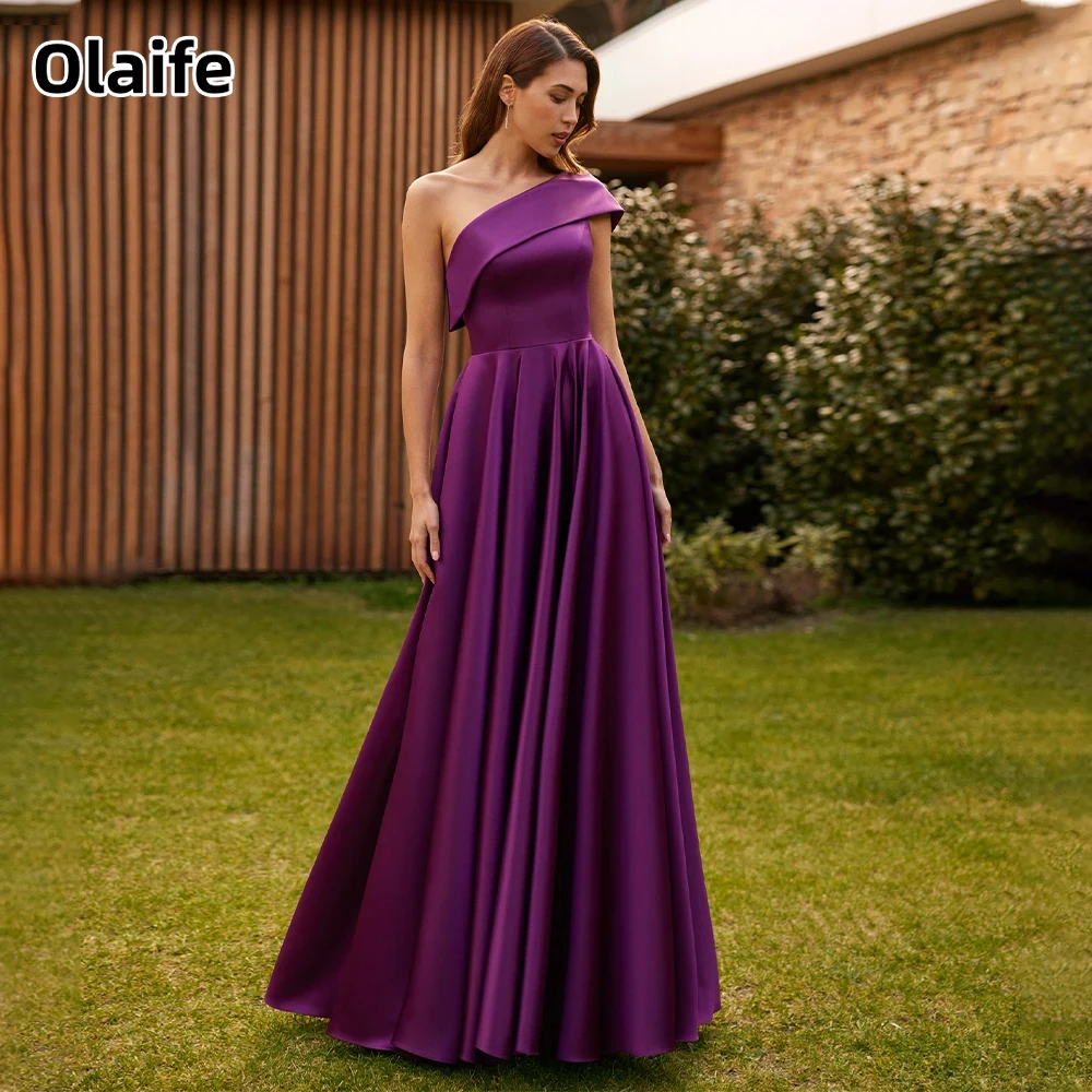 

Olaife Satin Prom Gowns A Line One Shoulder Elegant Formal Evening Dresses for Women Sleeveless Floor Length Party Wear