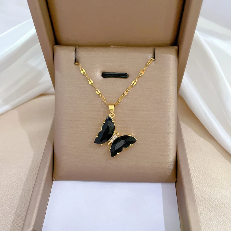 Gorgeous Butterfly Crystal Cubic Zirconia Copper Pendant Earrings Set Women Fashion Gold Stainless Steel Bamboo Chain Gift
