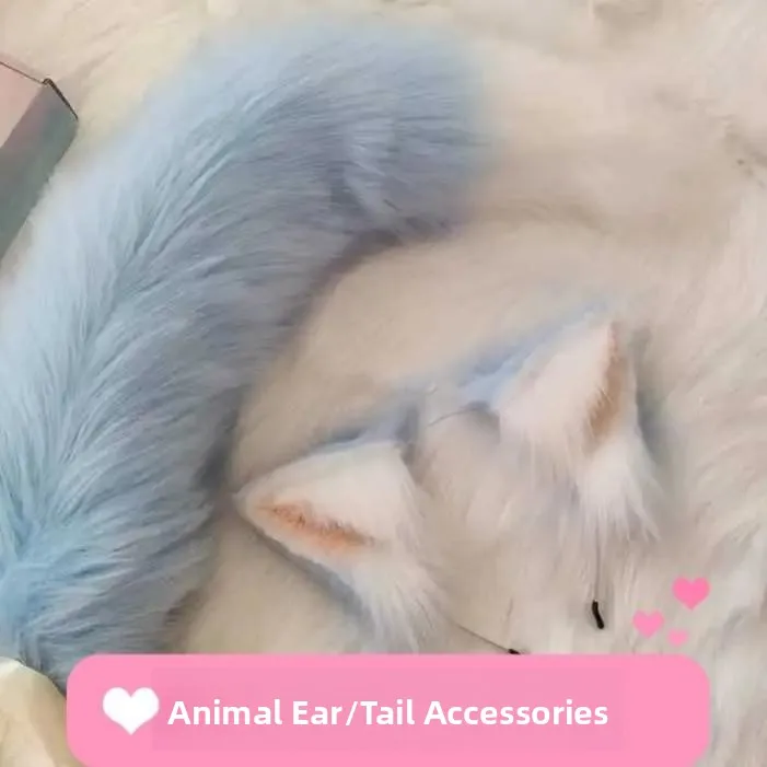 Blue Fur Ears Headwear Animal Costume Tail Children Cosplay Remi  Props Plush Tail Headband Custom Made Cosplay Accessories