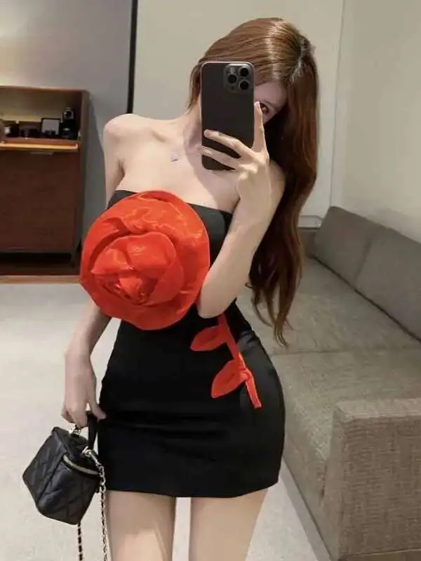 

Spicy 2024 Summer Girl Three-dimensional Flower Strapless Tight Elastic Dress Women Cinching Waist Wrap Hip Black Dress 3H4Q