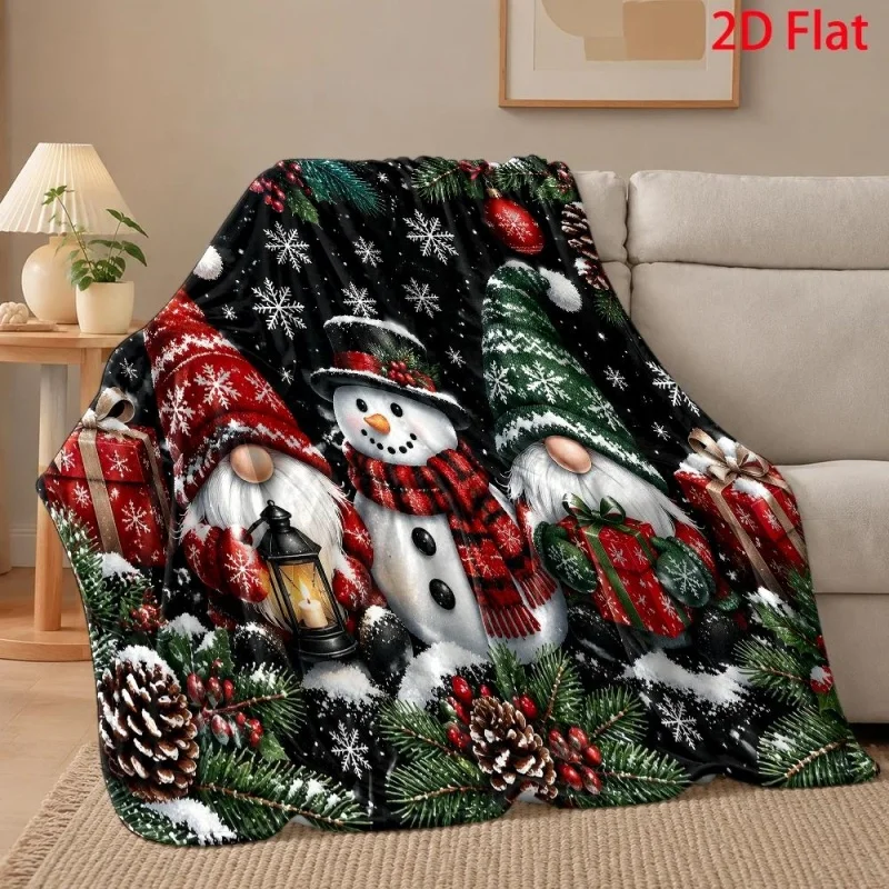Christmas Gnome Snowman Gift Pine Element Print Throw Blanket, Household Blanket for Winter Holiday