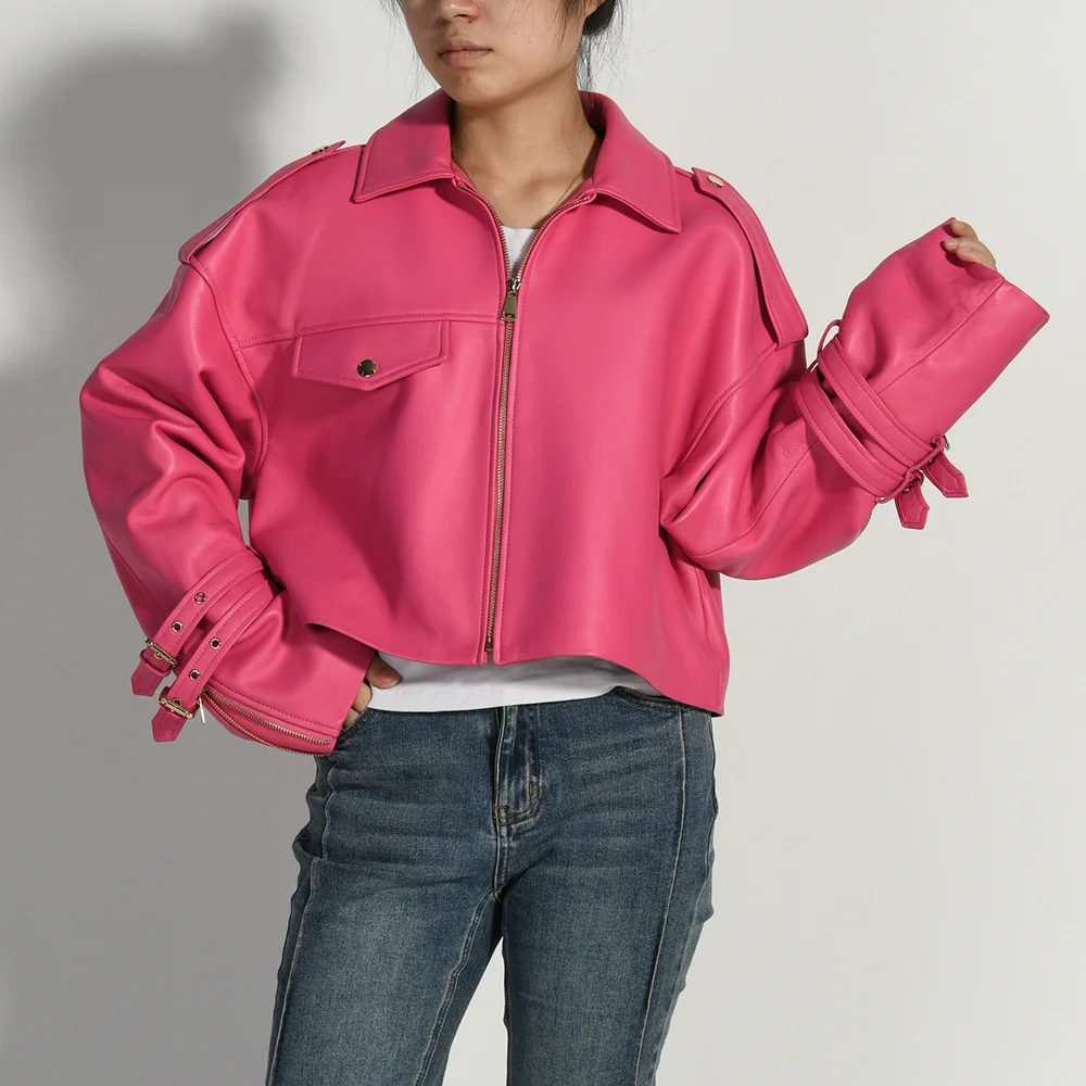 Jxwatcher-Manteau en peau de mouton véritable pour femme, veste en cuir véritable pour femme, combinaison surdimensionnée, imbibée, mode automne et hiver 2024