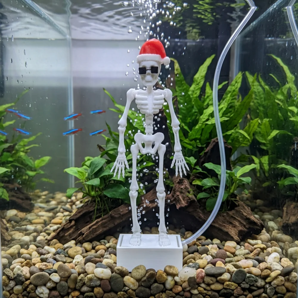3D Printed Christmas Dancing Skeleton Aquarium Bubbler Plastic Air Driven Dynamic Skeleton Bubbler Wear Hat Sunglasses Gothic