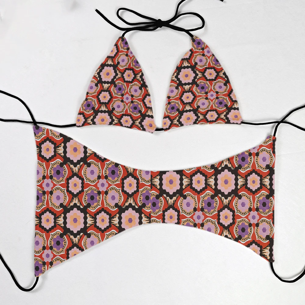 Women's sexy deep V-neck lace-up two-piece swimsuit fun printed split bikini beach vacation surfing swimsuit ladies summer gift