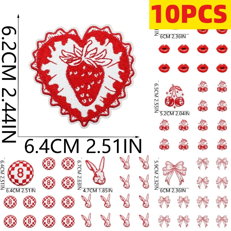 

10/12 шт. Красные нашивки-аппликации в стиле десертов: клубника, кролик, котенок. Оптом, термоклеевые, для самостоятельного декорирования одежды.