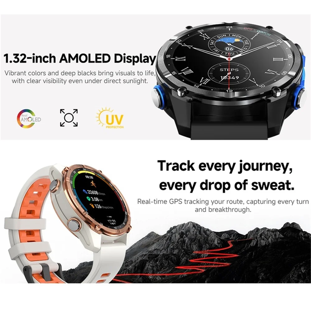 

Multi-functional GPS Outdoor Sports Smart Watch Blue Tooth Call 3ATM Waterproof AMOLED Screen Health Watches Compass Smartwatch