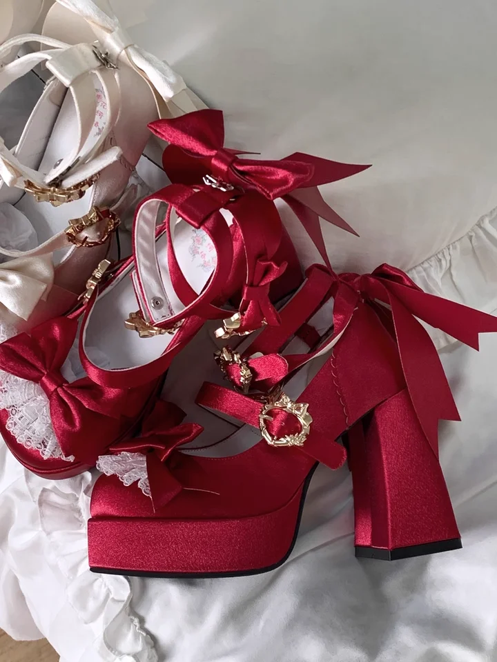 

Japanese Original Elegant Gorgeous Lolita Satin Thick Heel High Heels Women's Sweet Bow Love Buckle Love Doll Mary Shoes Female