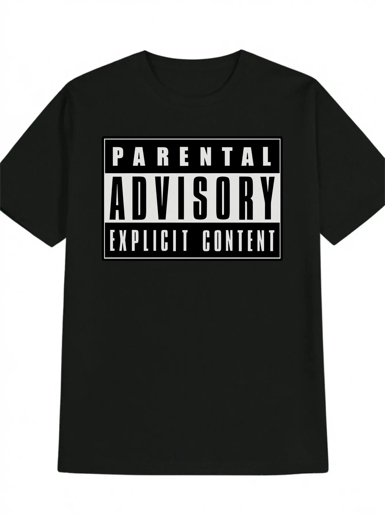 

Мужская футболка с рисунком «Parental Advisory Explicit Content» — черная футболка в стиле ретро с короткими рукавами и жирными белыми надписями