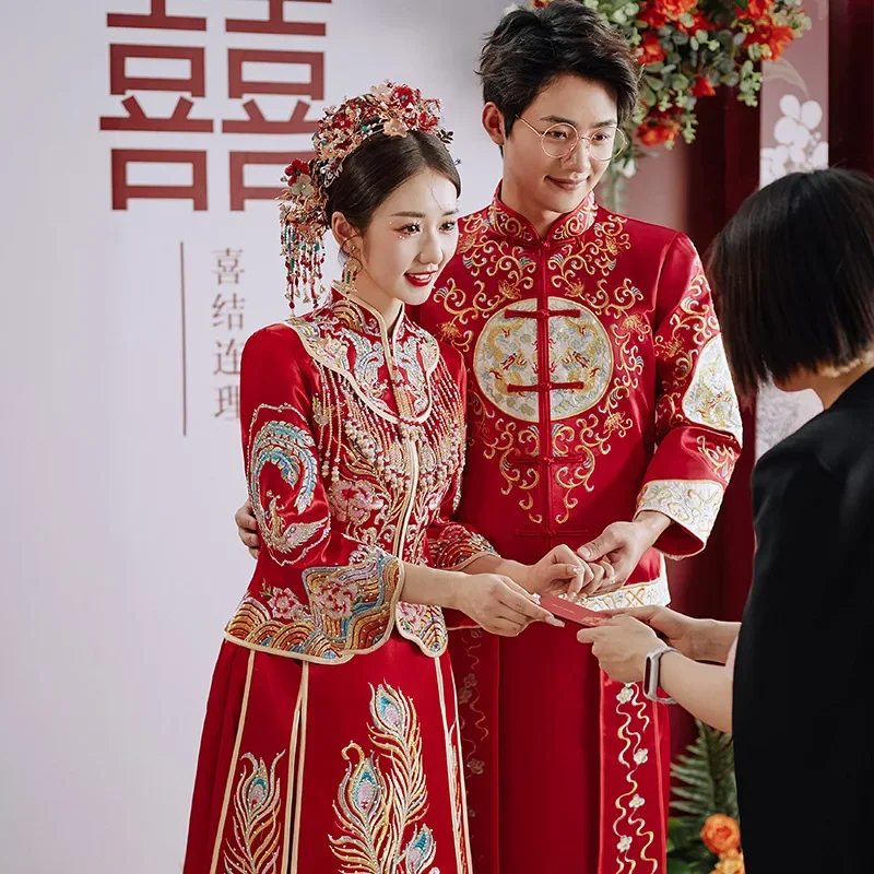 Yourqipao женское китайское свадебное платье Hanfu, традиционный костюм для пар, Cheongsam, древняя одежда Xiuhe, комплекты свадебных халатов