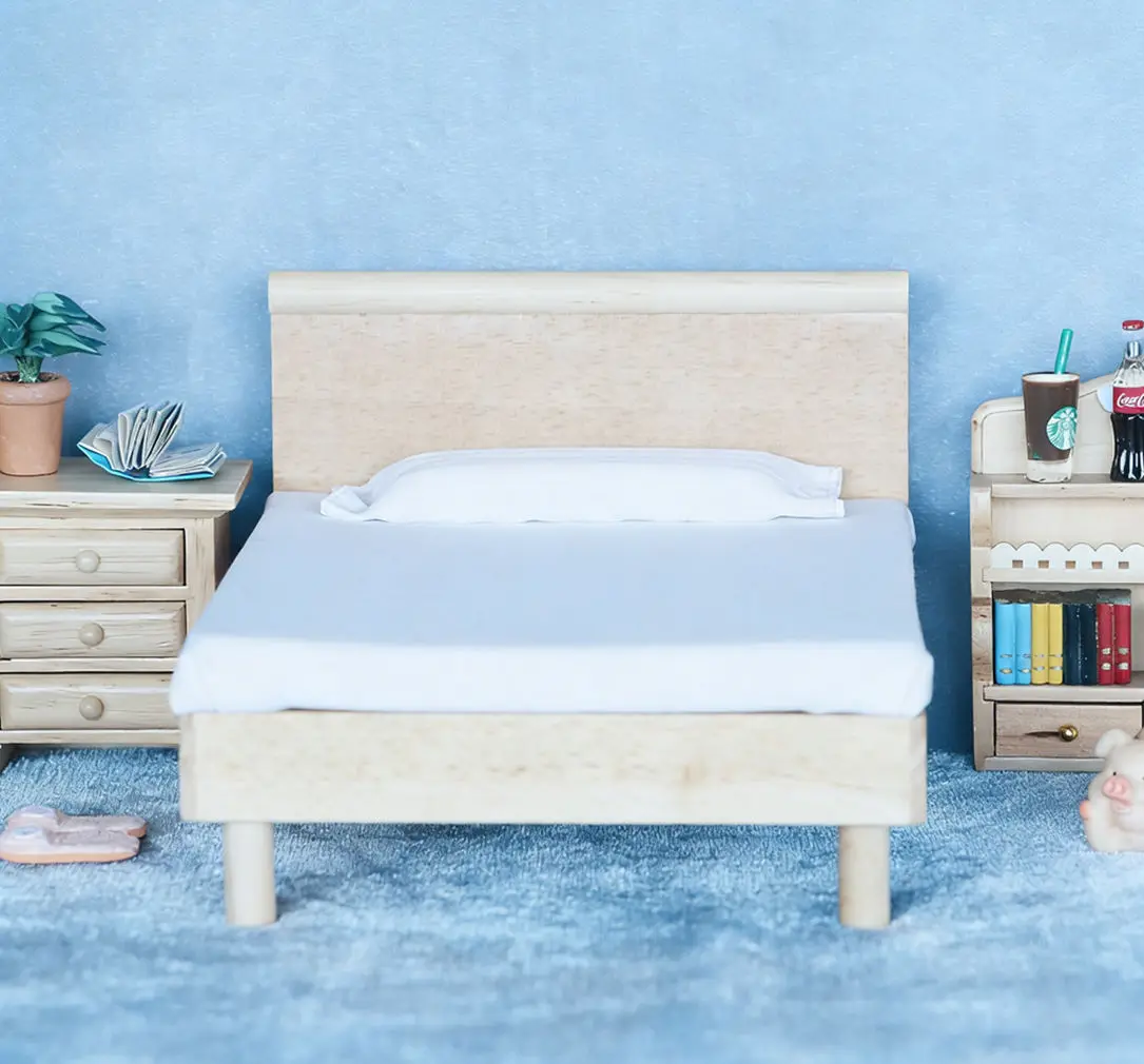 1:12 인형집 미니어처 원목 침대 - 모던 내추럴 우드 더블 침대, 침실 미니어처 가구, 인형집 침실 장식