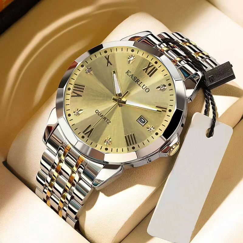 New men's watch men's steel band diamond-shaped luxury high aesthetic value luminous calendar fashionable casual sports watch