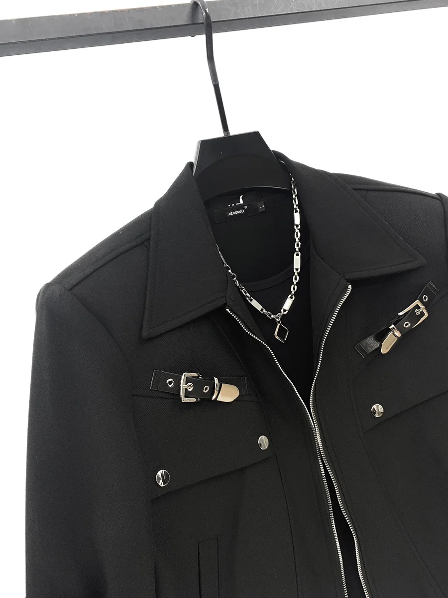 Autumn Winter Trendy Metal Buckle Design Short Jacket Stylish Men's Personality Loose Casual Turn-Down Collar Long Sleeve Coat