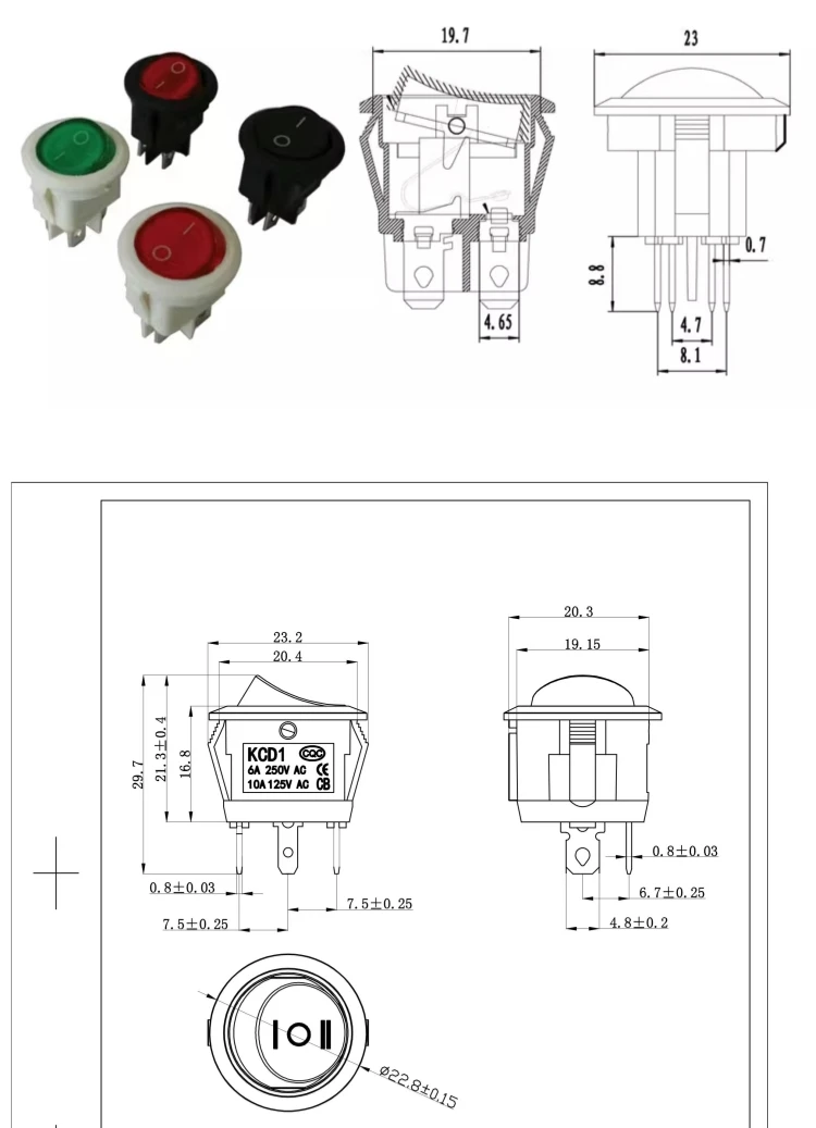 Packung mit 5 Stück 20-mm-runden Schalterknöpfen, 4/3/2-polig, zweistellig/dreistellig, KCD1-Schalter für kleine Elektroboote mit Leuchtfunktion. – Detail 4
