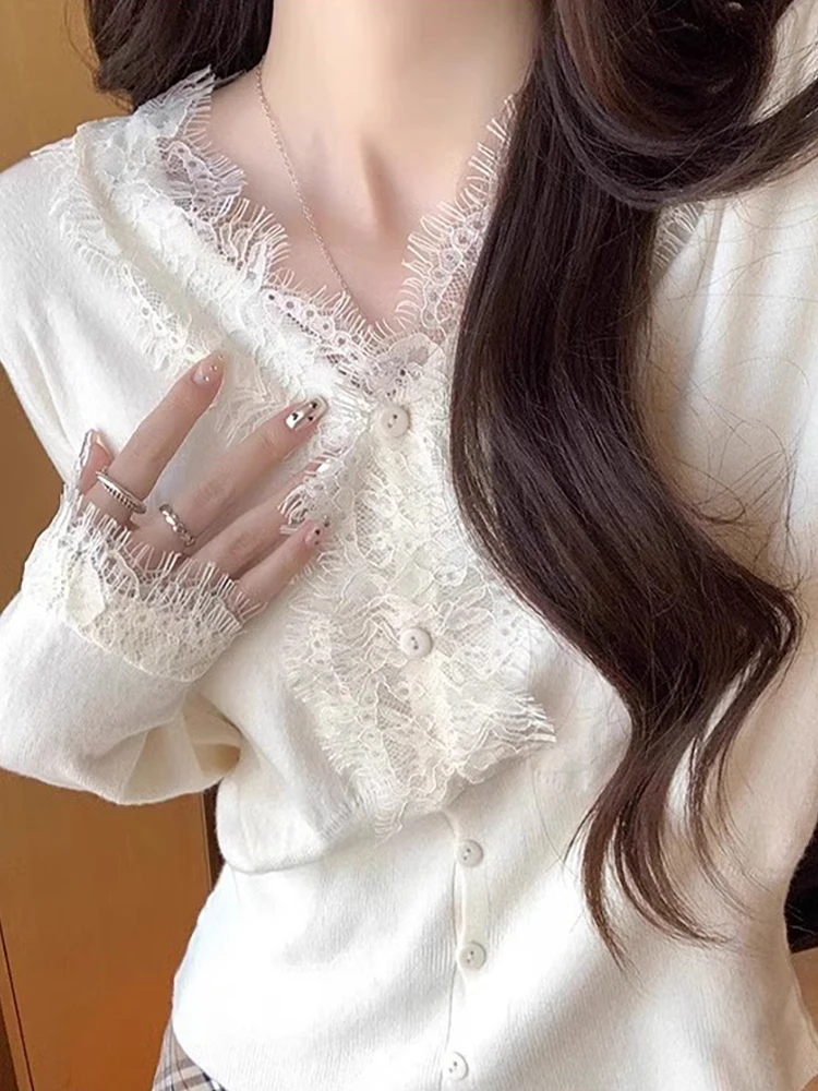 Sexy Beige V-neck Lace Knitted Tops Women 2024 Autumn winter New Bottoming Cardigan Y2k Slim Fit Long Sleeve Sweaters Mujer