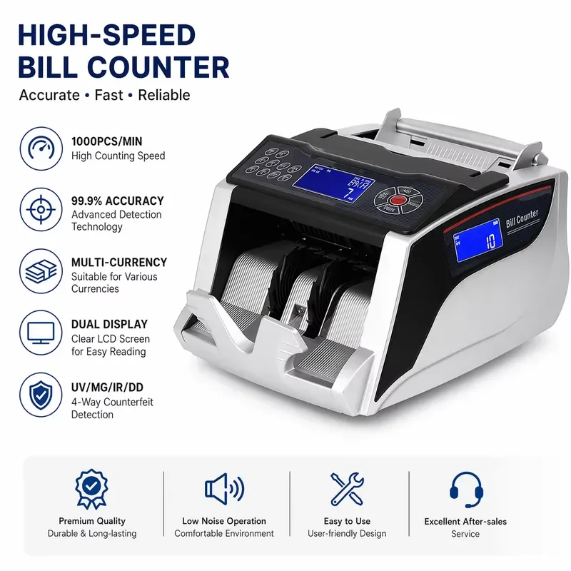 2825 Bill Counter Machine UV MG IR High Speed Money Counting for Commercial Use Reliable Banknote Detection Multi Currency