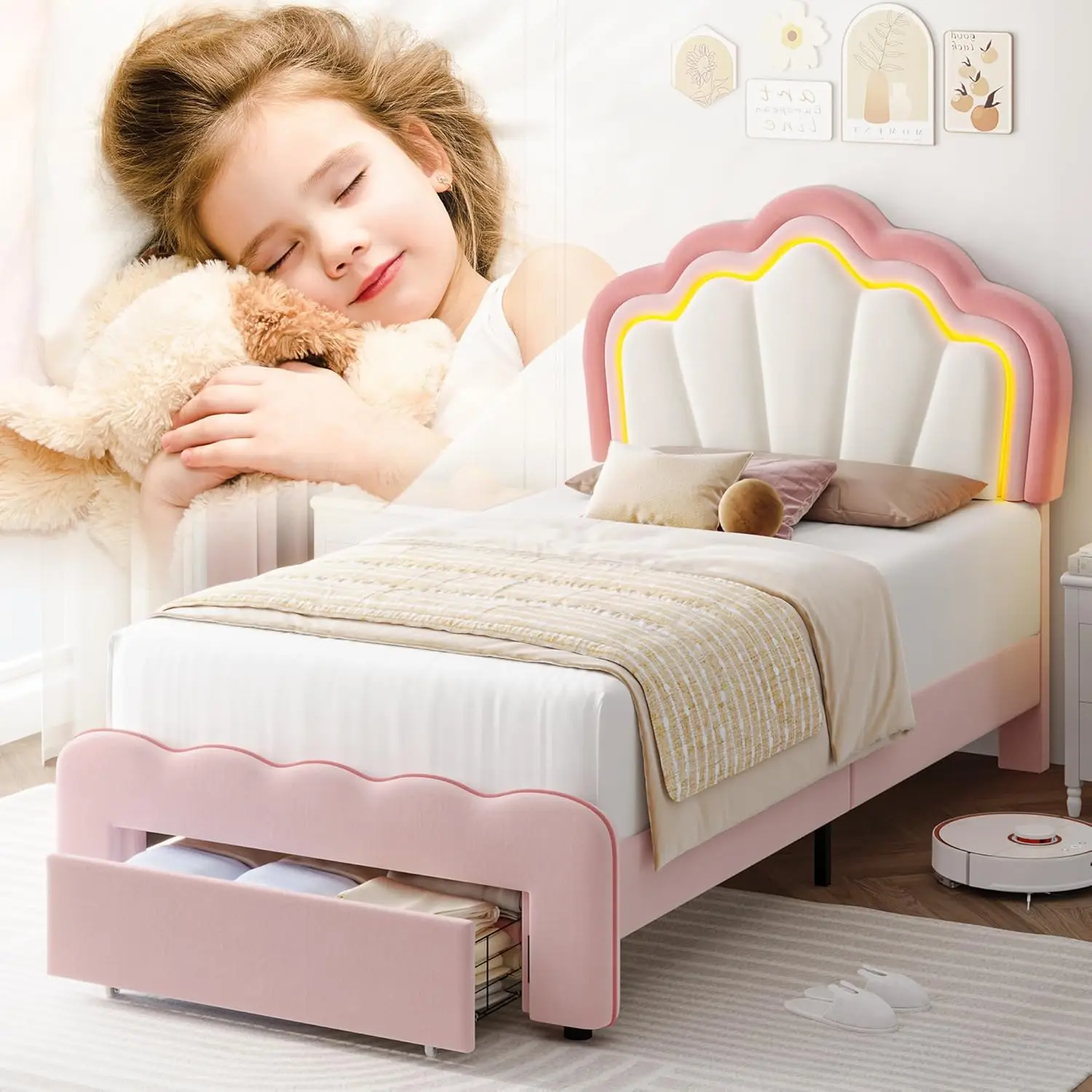 Doppel gepolsterter LED-Bett rahmen mit Schublade, süßes Mädchen bett mit verstellbarem Lotus-Kopfteil, Plattform bett aus Samt prinzessin