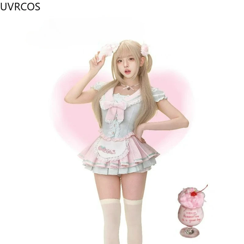 일본 패션 카와이 2 피스 세트 여성 스위트 보우 선원 칼라 탑 딸기 케이크 미니 스커트 여성 하라주쿠 Y2k 로리타 슈트