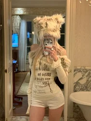 2000s Aesthetic Vintage Tops Y2k Clothing Fall Winter Women Korean Fashion Subculture T-Shirts Gothic Girl Tees Faux Fur Design