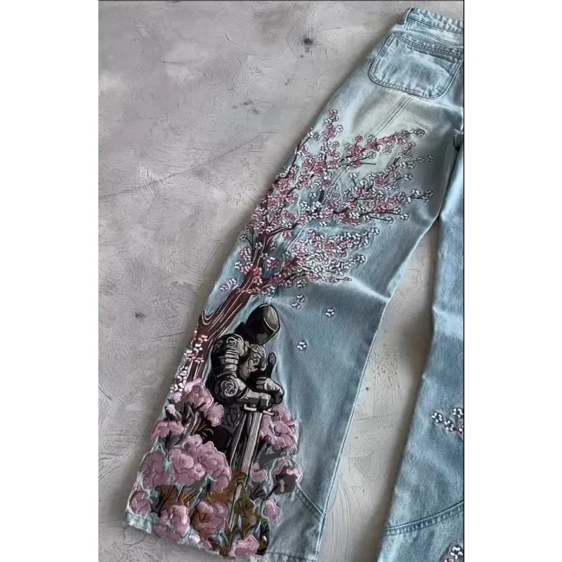 

Unisex Cherry Blossom Knight All-Embroidered Y2K Vintage Baggy Straight Jeans High-Waisted Blue Denim Pants for Men And W