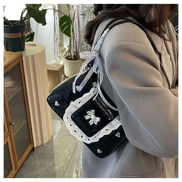 Bloom Hot Girls Lace Bow Black Shoulder Women Haruku Sweet Cute Leather Crossbody Bags Ladies Ballet Style Y2k Handbag