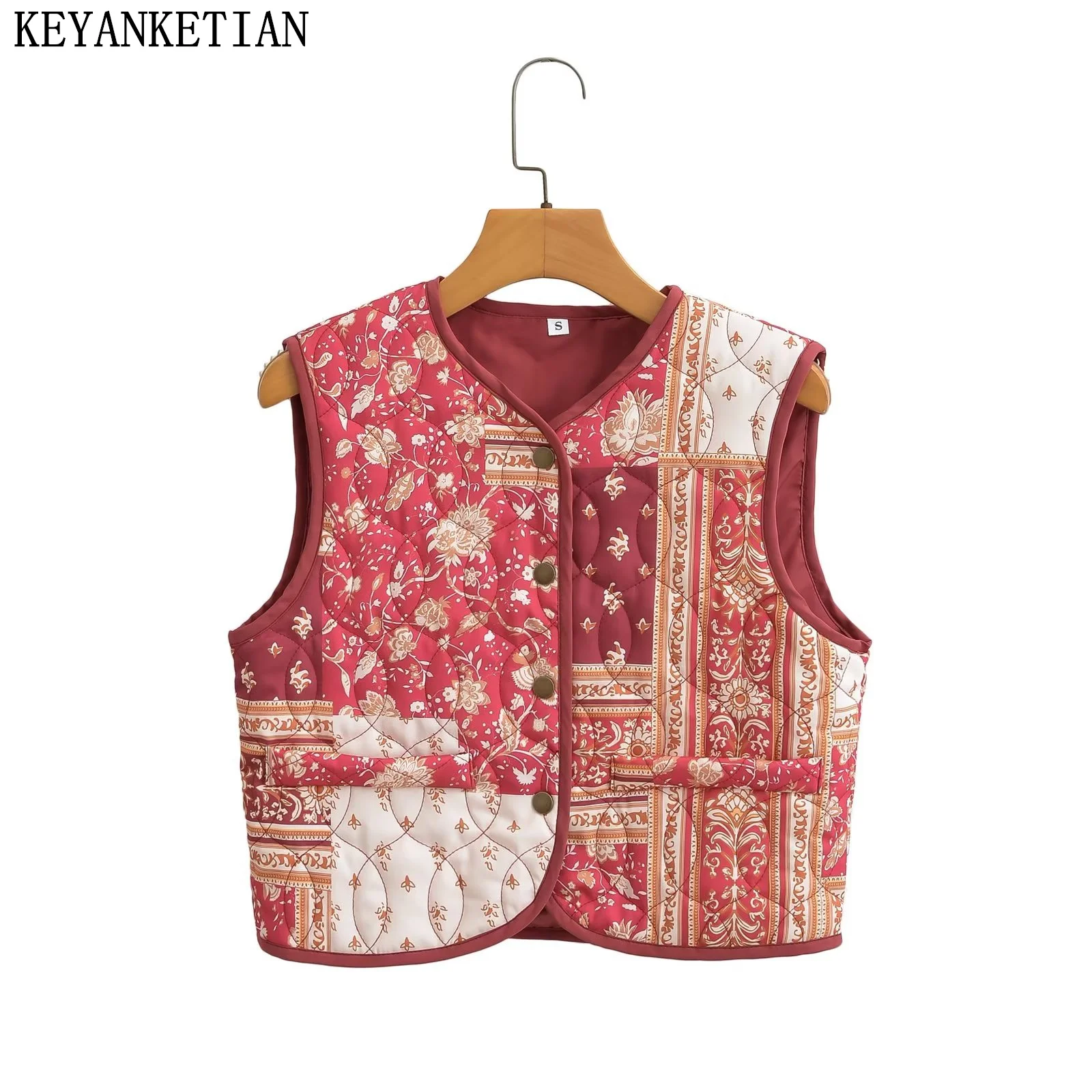 

KEYANKETIAN Autumn/Winter New Women's National Floral Printing Single Breasted Quilting Cropped Sleeveless Parkas Vest Crop Top