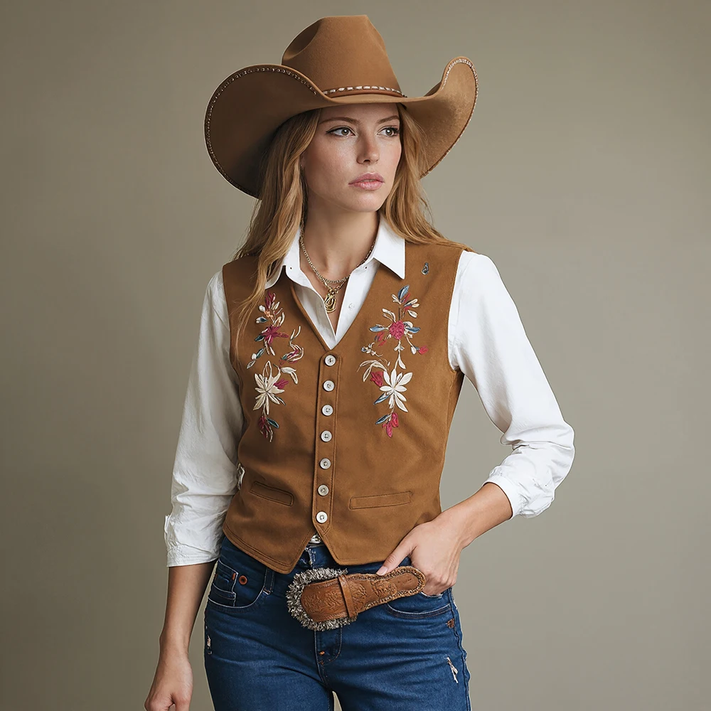 

Western Suede Floral Embroidery V Neck Button Vest for Women Vintage Casual American Retro Sleeveless Tops 2025