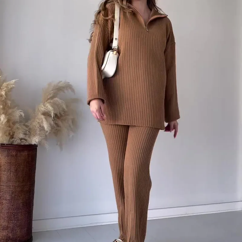 Women Pant Sets Two Piece Long Pants Solid Knit Splice Full Sleeve Zipper Thick Cardigan Sweaters Pullover Elegant Office Lady