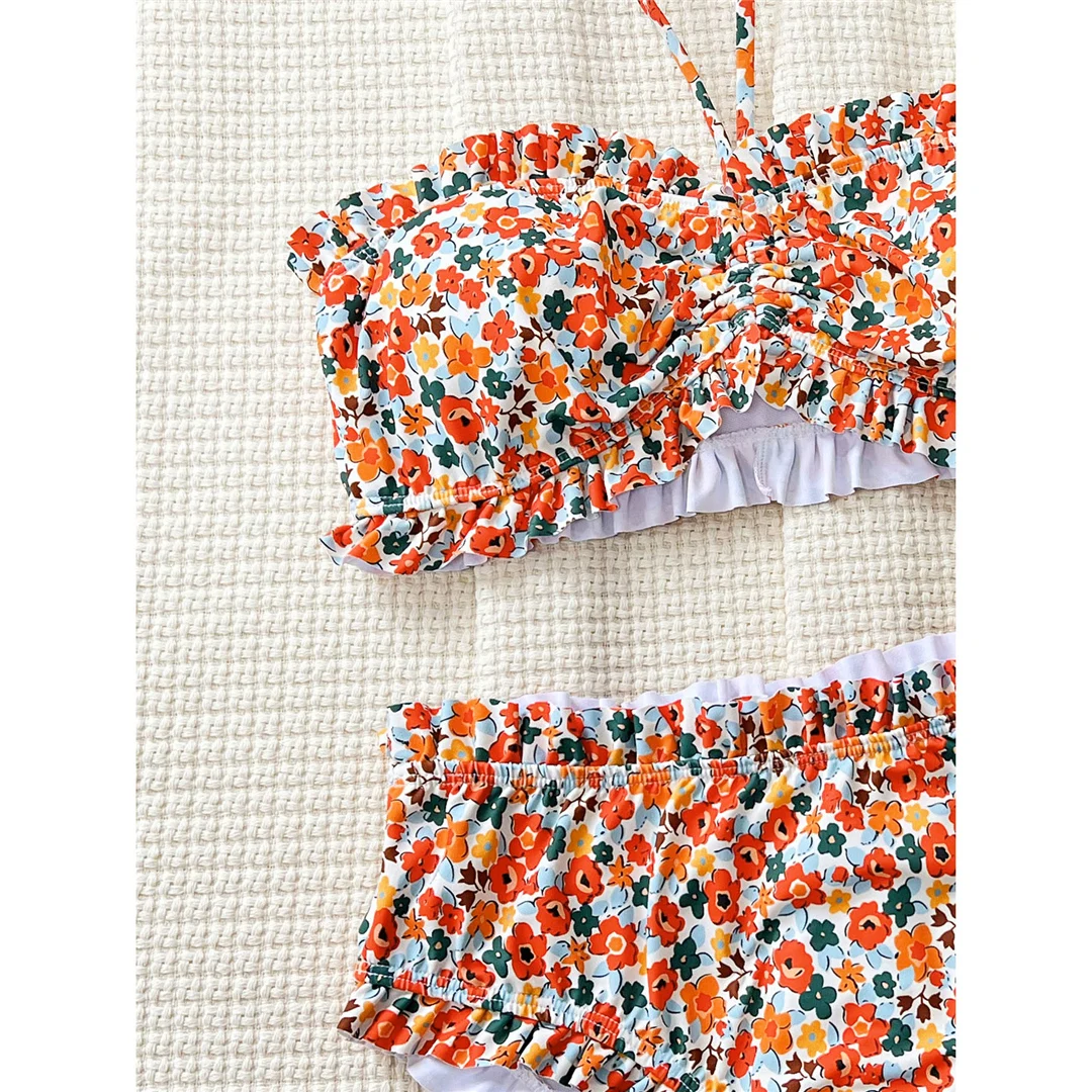 Blumenmuster-Bandeau-Badeanzug für Damen, Bikini mit hoher Taille, zweiteiliges Bikini-Set, Badebekleidung, Badeanzug, Modell V6613. – Detail 20