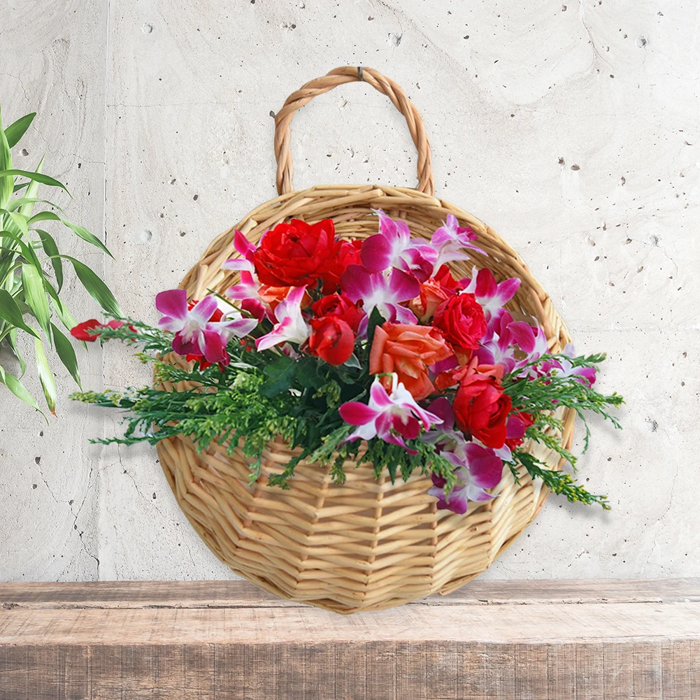 Handmade Wicker Woven Basket Wall Mounted Dried Flower Container Hanging Woven Rattan Vase Garden Balcony Decoration