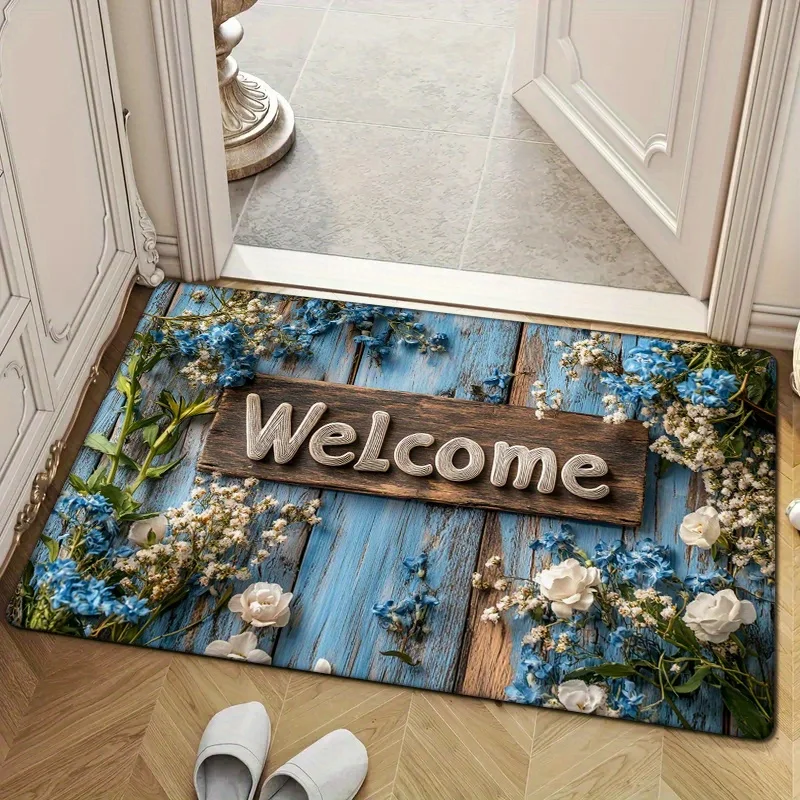 

1pc Vintage 'Welcome' Floral Door Mat - Blue Wooden Plank Design with White & Blue Flowers, Non-Slip, Absorbent, Machine Washabl