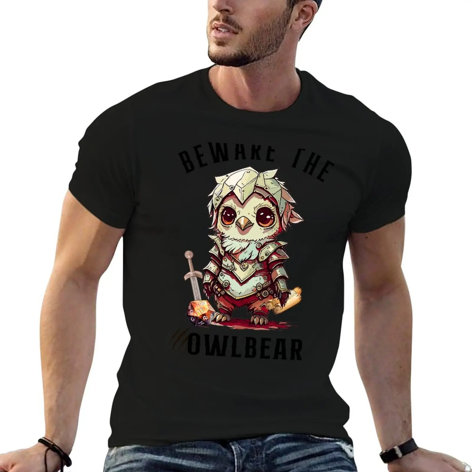 OWLBEAR: Beware the owlbear, cute dnd adventurer with armour sword and d20 dice T-Shirt anime stuff sublime designer t shirt men