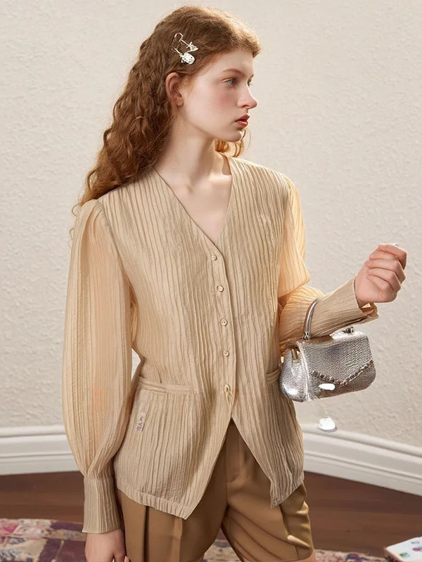 

ZhuoZhi Gentle Wind V-Ne Pleated Texture irt Loose Long Sve Women's Top Spring 2026 New Sle Ele Faion Ladies' ...