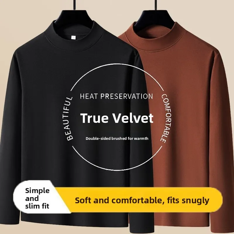 

Men's Long Sleeve T-Shirt Casual Basic Style Winter Thermal Underwear Double Layer Polyester Fiber High Neck Slim Fit Pure Color