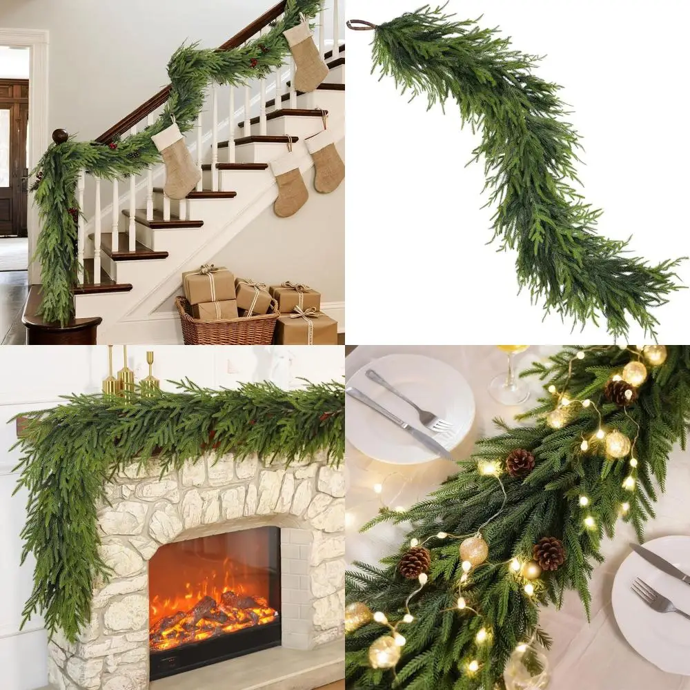 

9FT Artificial Norfolk Pine Wreath - Double Pack for Holiday Decor: Fireplace, Table, Stairs, Mantle, Windows