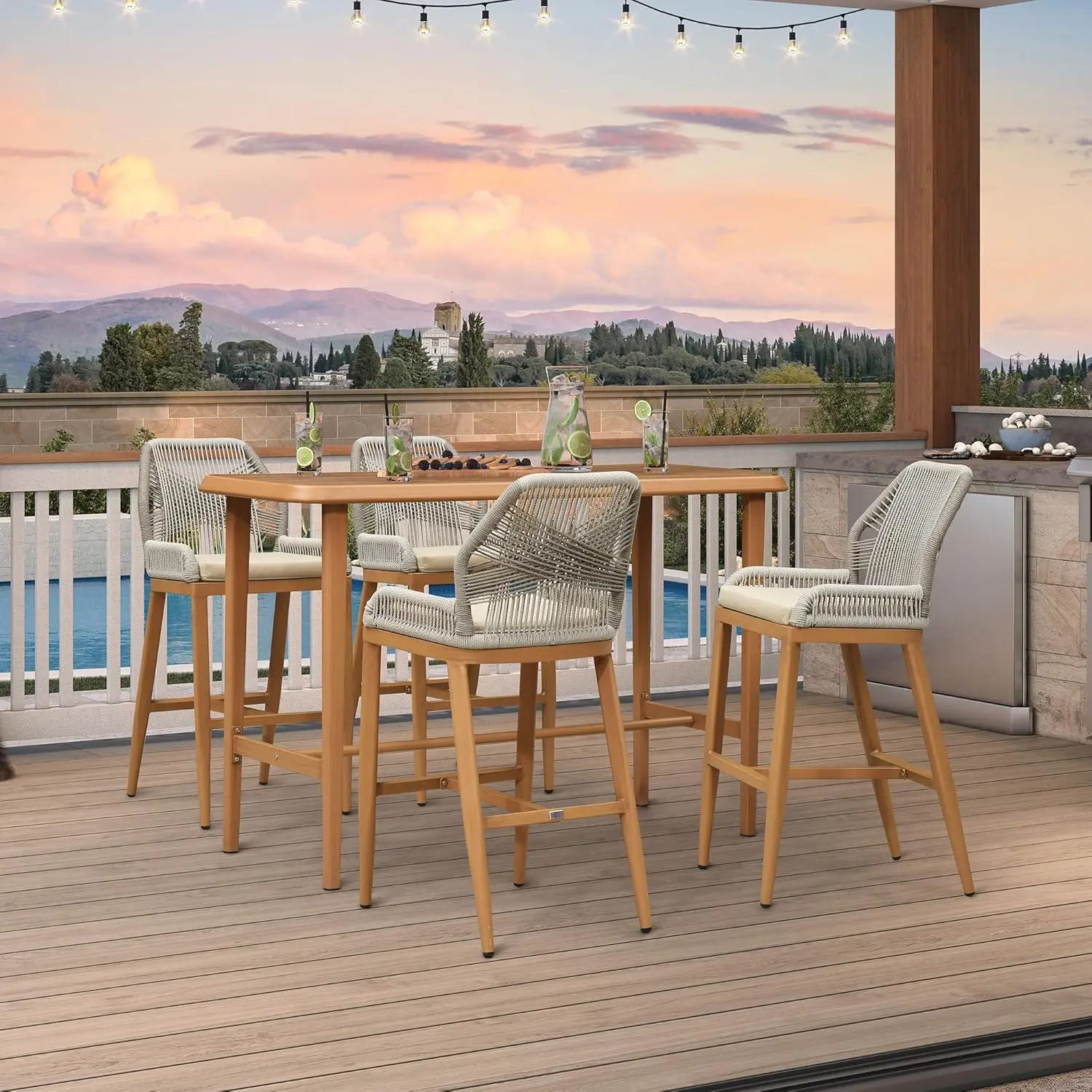 #Bar Height Rectangular Dining Table Outdoor Bistro Pub for Garden Balcony Teak, Customized