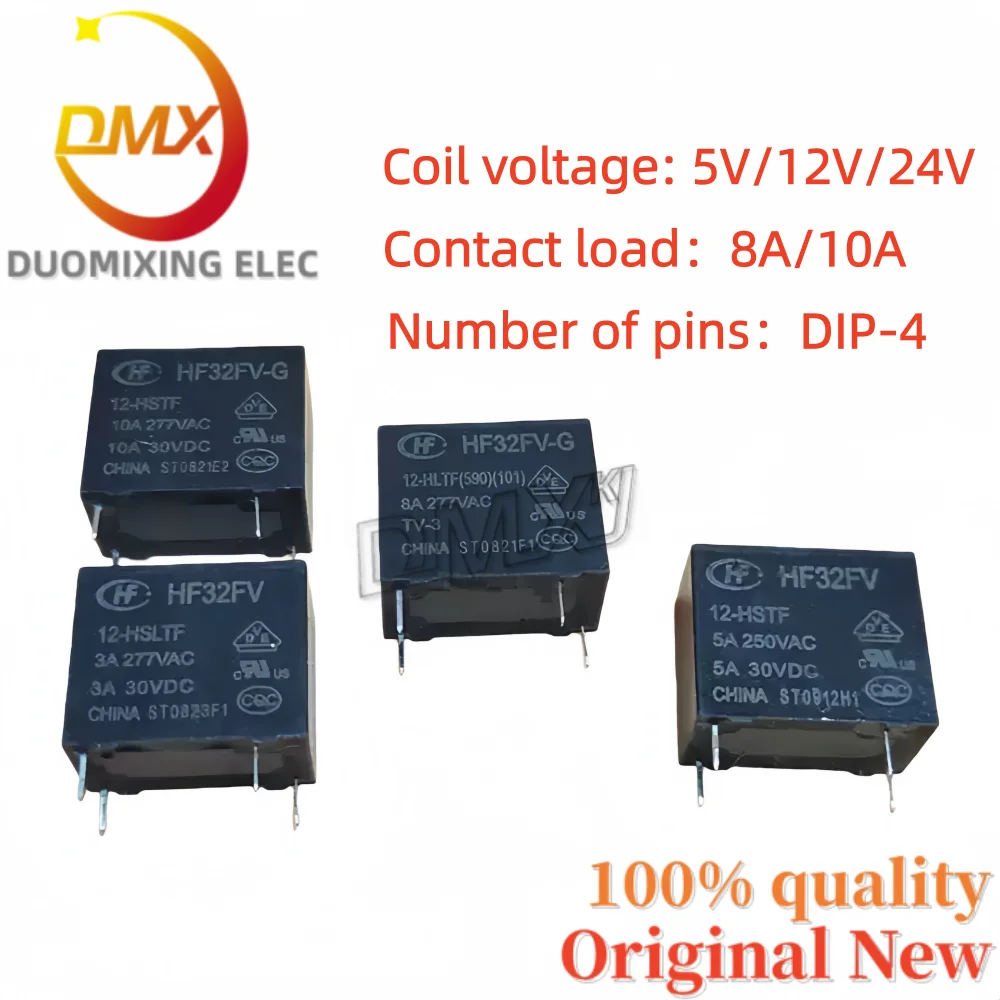 10PCS/lot 100%Original HF32FV-G-5 12 24-HSTF/HSLTF/HLTF(590) DC5V 12V 24V 8A/10A DIP-4 A set of normally open relays