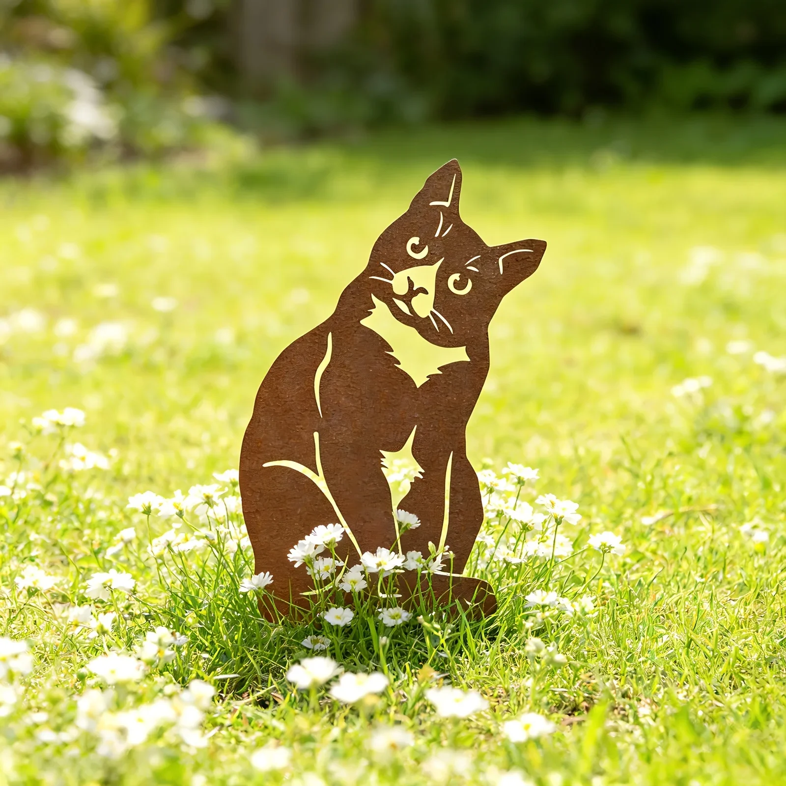 【2D Flat】Curious Cat Iron Garden Ground Plug – Rustic Outdoor Yard Decor – Pet Statue for Spring Summer Courtyard – Great Gift