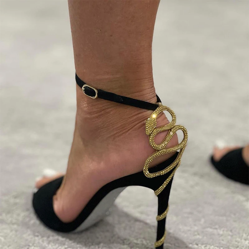 Glitter Gold Rhinestone Curve Snake Twined High Heels Sandals Woman Summer Black Suede Snaked Crystal Straps Back Banquet Shoes