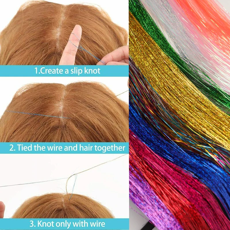 Synthetic Hair Tinsel Kit 48 inch Colourful Fairy Tinsel Hair Extensions Heat Resistant With Shiny Hair Accessories For Women