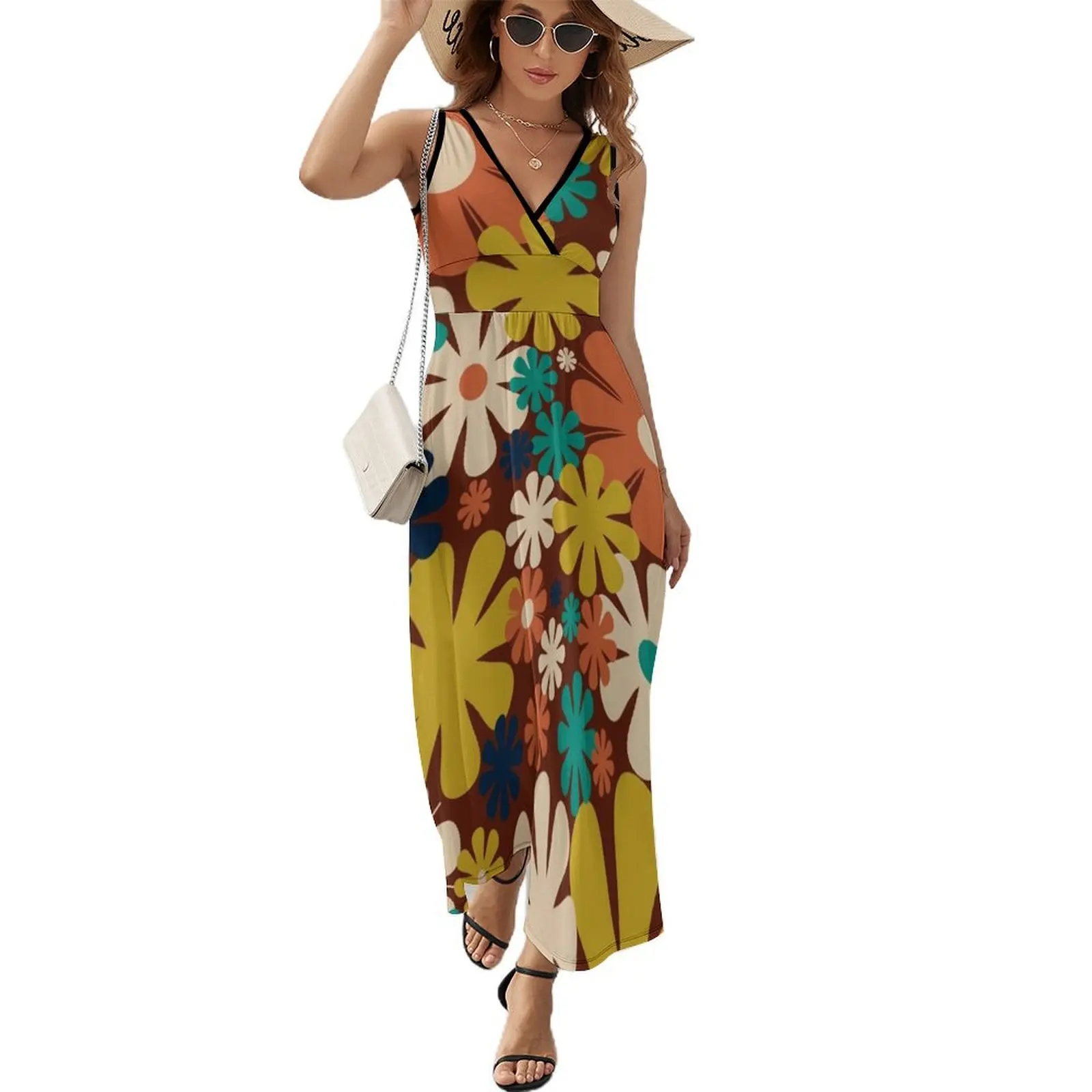 

Retro 60s 70s Aesthetic Floral Pattern in Midcentury Rust Orange Mustard Teal Blue Beige Sleeveless Dress