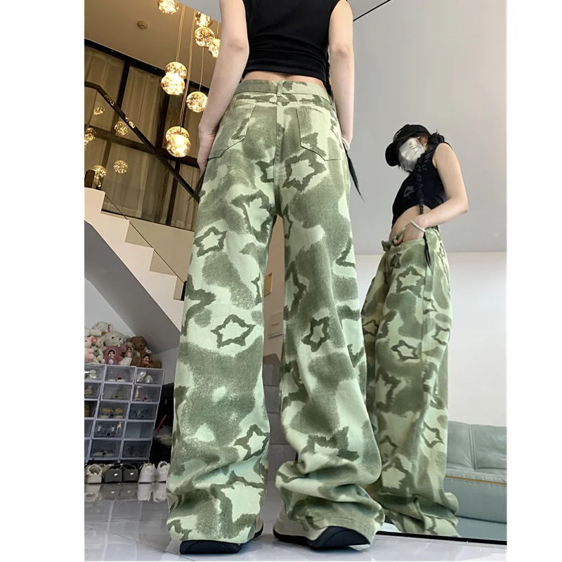 Green Womens Jeans High Waist Vintage Straight Baggy Denim Pants Streetwear American Design Sense Fashion Wide Leg Denim Trouser