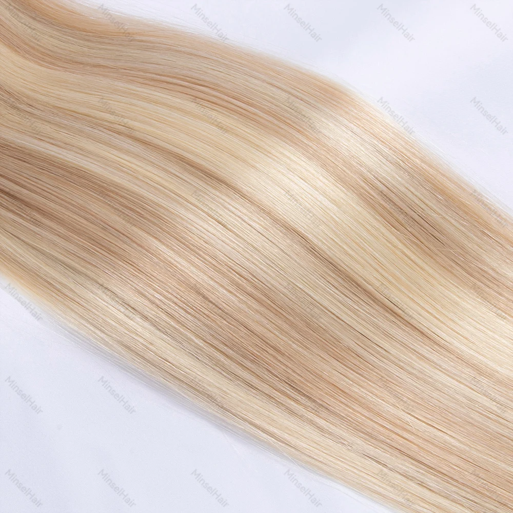 P18-60 Rambut Asli Pirang Model Jepit, Hairpiece Alami Kualitas Remy, Umur Pakai 1 TAHUN+, Lembut & Halus 120G 12-22 inci 7pcs