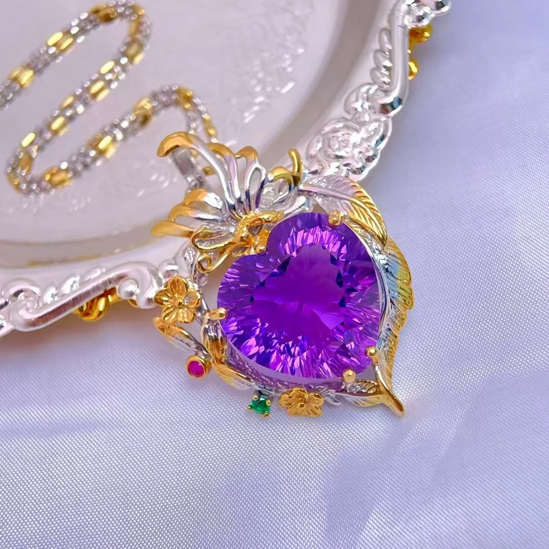 

Vintage Palace Natural Amethyst Pendant, 925 Silver Two-Tone Heart 18x18mm, Crystal Jewelry Gift for Women