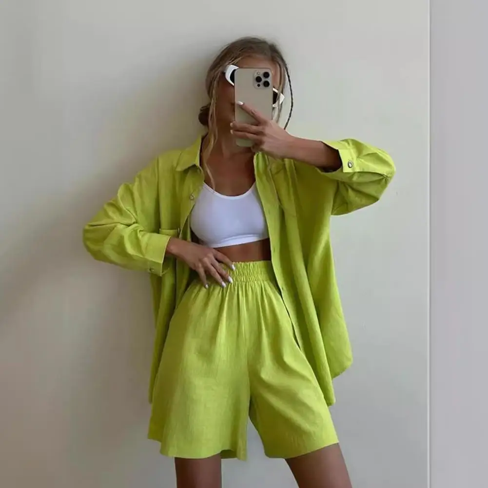 Women High-waisted Shorts Suit Women's Casual Commute Outfit Long Sleeve Shirt High Waist Shorts Set Solid Color for Everyday