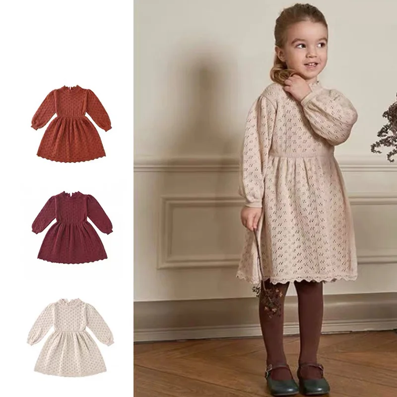 Toddler Girl Winter Knit Dress Baby Girls Hollow Out Knitting Dresses Beautiful Vintage Style Child Full Sleeve Kniting Dress