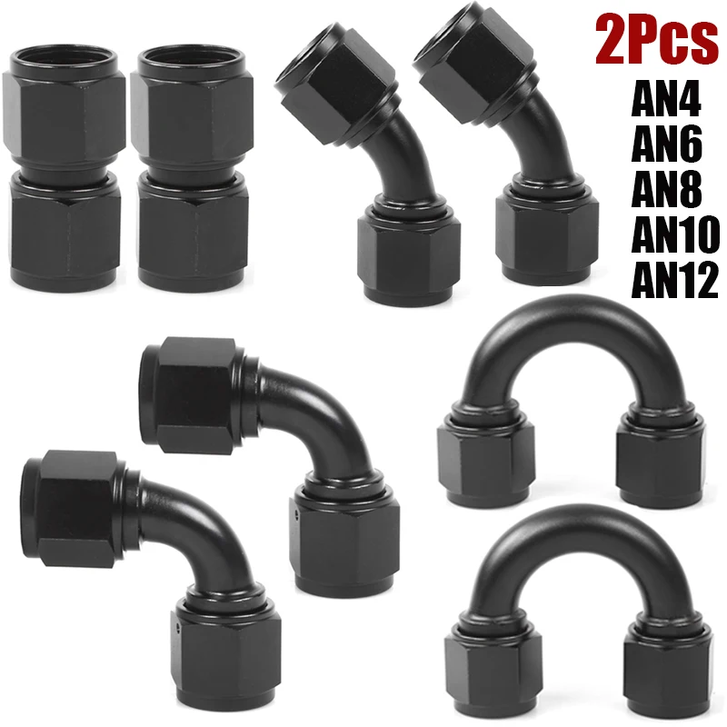 2X AN4 AN6 AN8 AN10 AN12 Female To Female Union 0/45/90/180 Degree Hose Fitting Adaptor Elbow Oil Line Cooler Connector Black