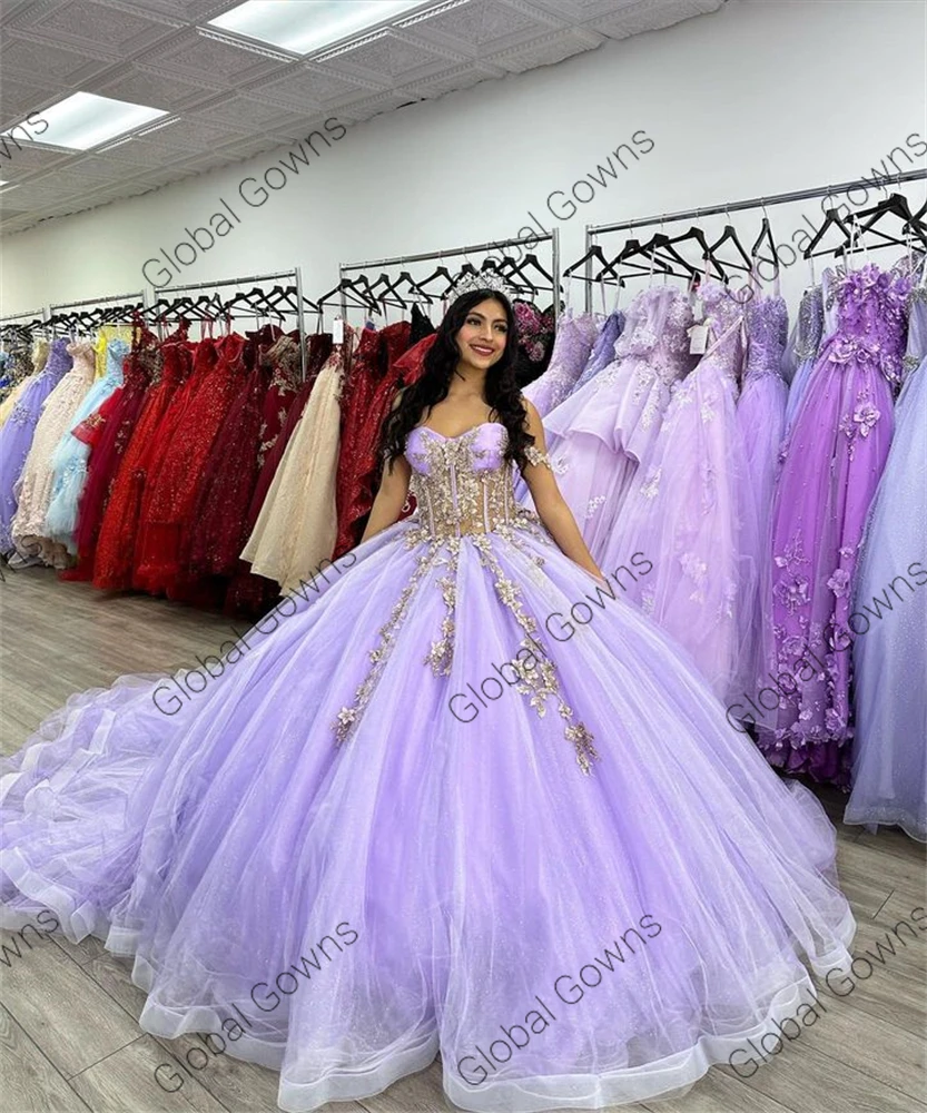 Meksiko ungu Lavender gaun bahu terbuka gaun dansa gaun Quinceanera untuk anak perempuan manik-manik applique gaun pesta manis 16