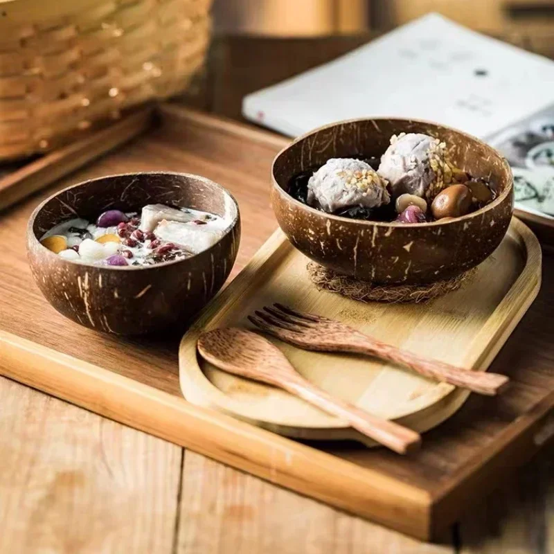 Natural Coconut Bowl Wooden Handmade Coconut Bowls for Eating Tableware with Spoon Dessert Fruit Salad Mixing Rice